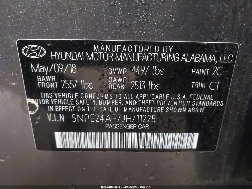 2018 Hyundai Sonata Se VIN: 5NPE24AF7JH711225 Lot: 44863381