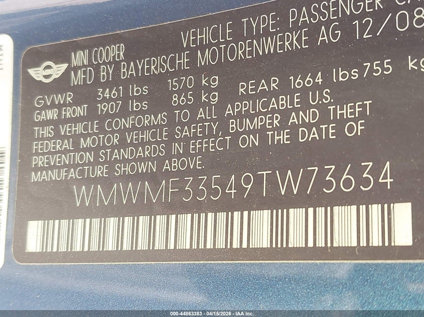 2009 Mini Cooper VIN: WMWMF33549TW73634 Lot: 44863383