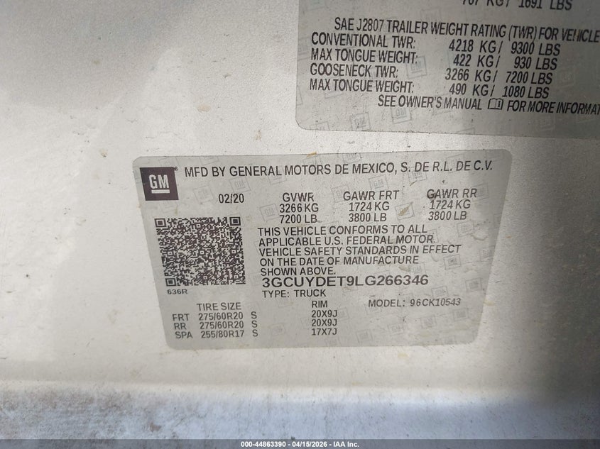 2020 Chevrolet Silverado 1500 4Wd Short Bed Lt VIN: 3GCUYDET9LG266346 Lot: 44863390