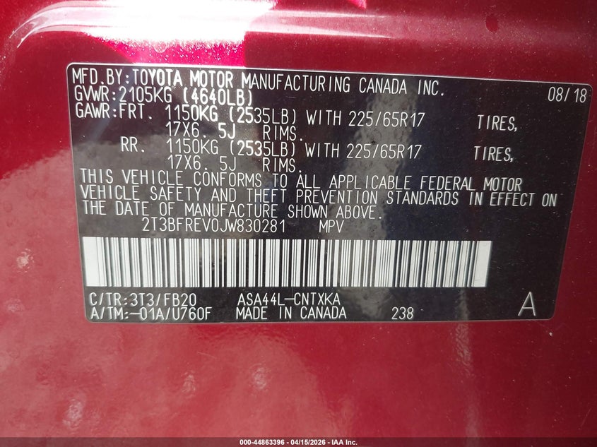 2018 Toyota Rav4 Le VIN: 2T3BFREV0JW830281 Lot: 44863396