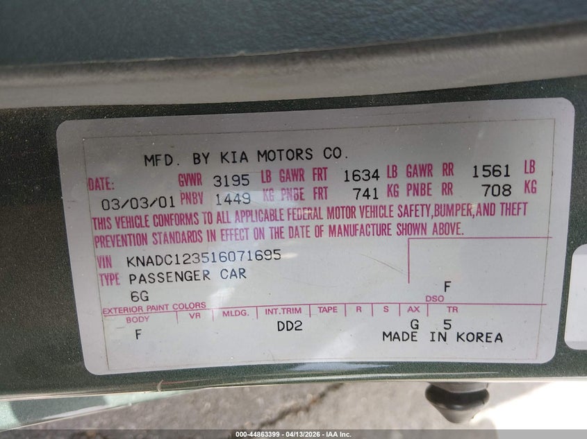 2001 Kia Rio VIN: KNADC123516071695 Lot: 44863399