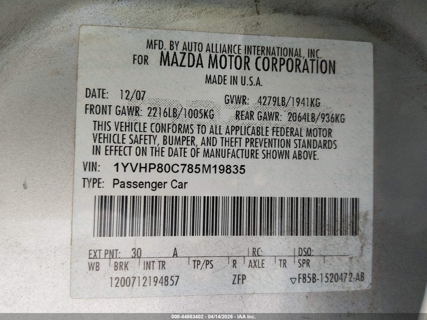 2008 Mazda Mazda6 I Sport Ve VIN: 1YVHP80C785M19835 Lot: 44863402
