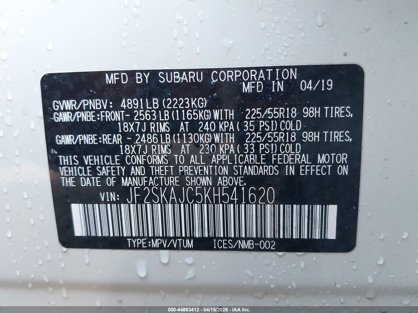 2019 Subaru Forester 2.5 Sport white Lot 111044863412 Vin JF2SKAJC5KH541620