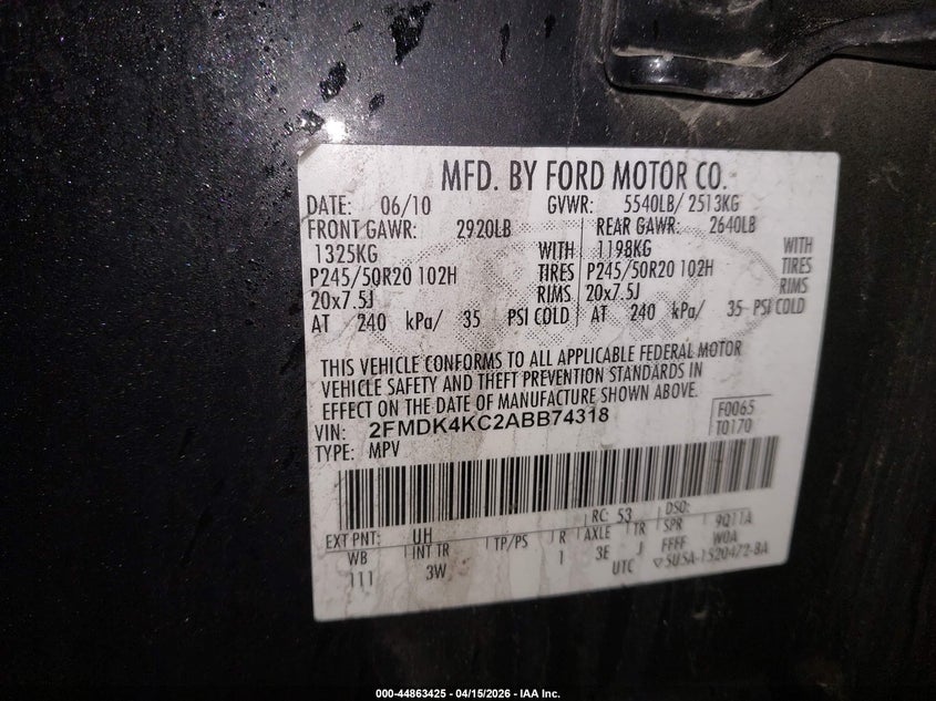 2010 Ford Edge Limited VIN: 2FMDK4KC2ABB74318 Lot: 44863425