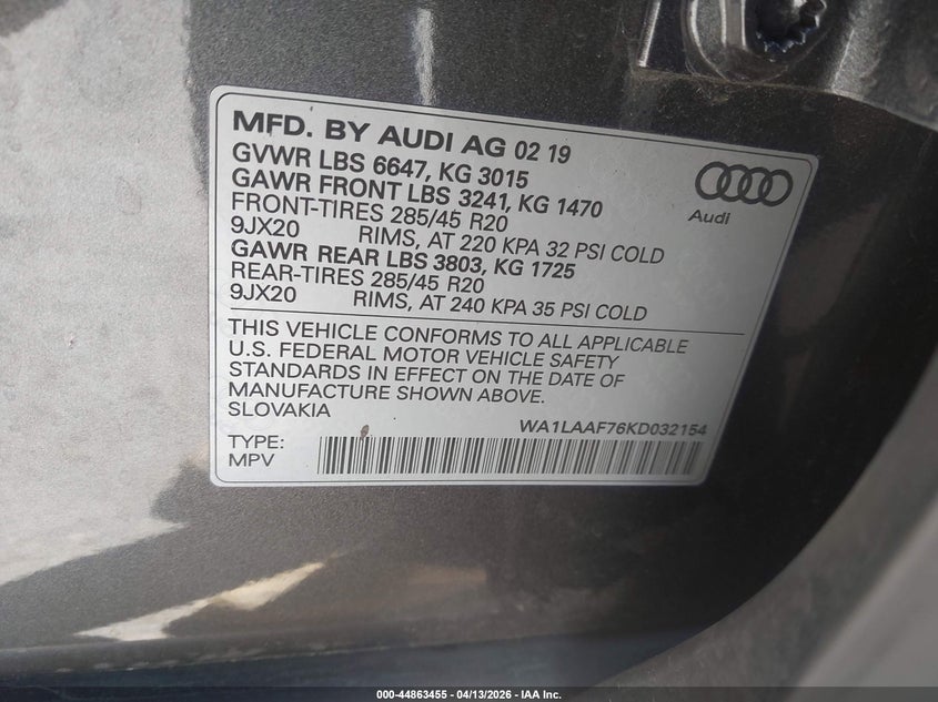 2019 Audi Q7 55 Premium/55 Se Premium VIN: WA1LAAF76KD032154 Lot: 44863455