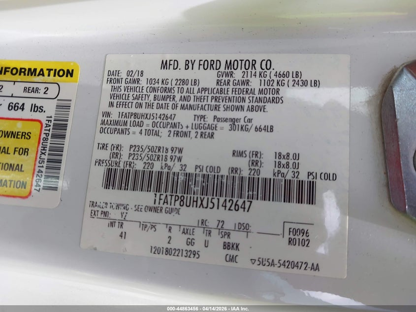 2018 Ford Mustang 2.3 Ecoboost Premium white Lot 111044863456 Vin 1FATP8UHXJ5142647