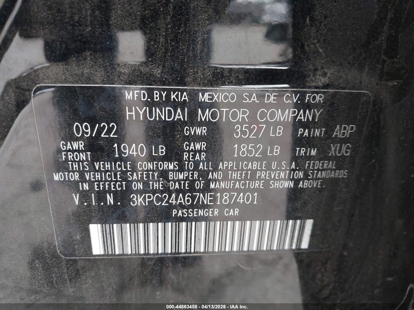 2022 Hyundai Accent Sel VIN: 3KPC24A67NE187401 Lot: 44863458