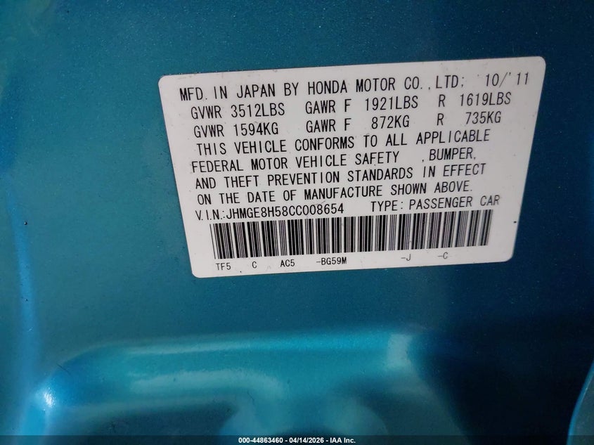 2012 Honda Fit Sport VIN: JHMGE8H58CC008654 Lot: 44863460