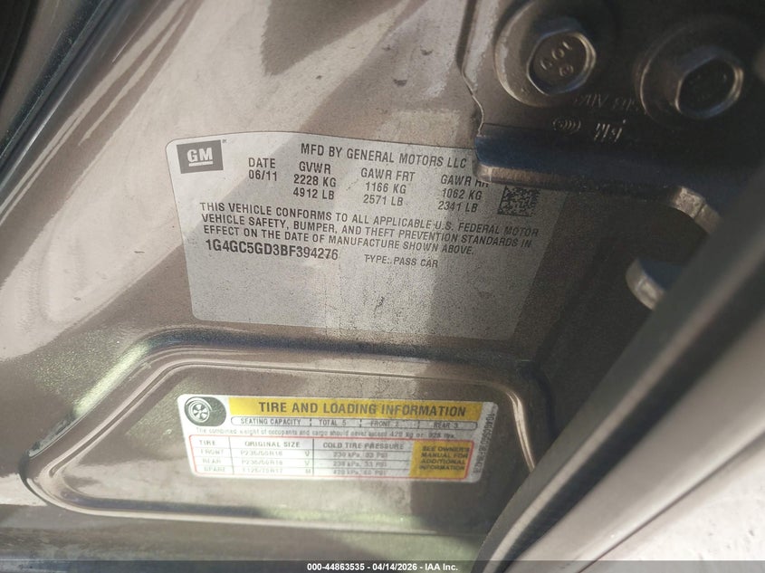 2011 Buick Lacrosse Cxl VIN: 1G4GC5GD3BF394276 Lot: 44863535