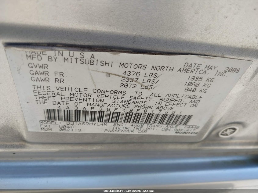 2009 Mitsubishi Galant Es/Sport Edition VIN: 4A3AB36FX9E017851 Lot: 44863541