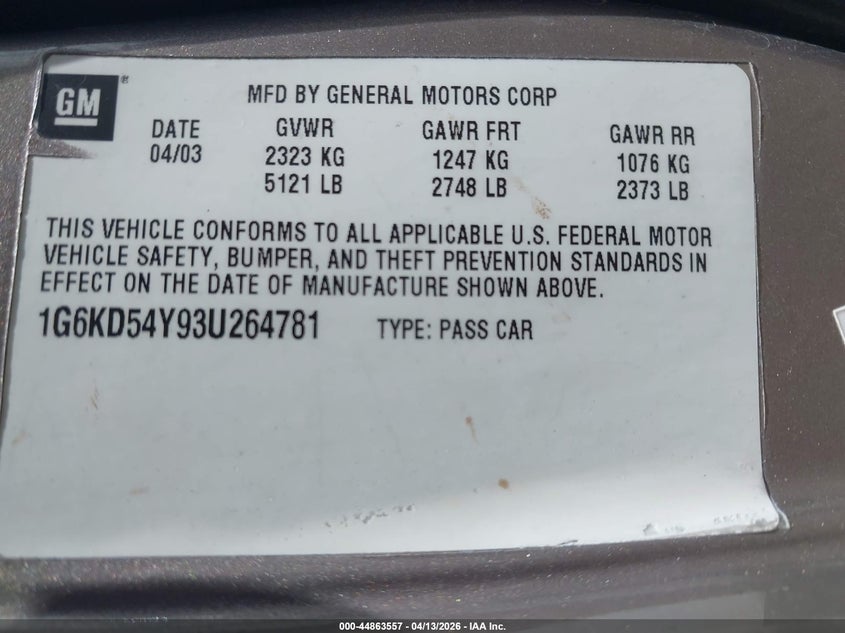 2003 Cadillac Deville Standard VIN: 1G6KD54Y93U264781 Lot: 44863557