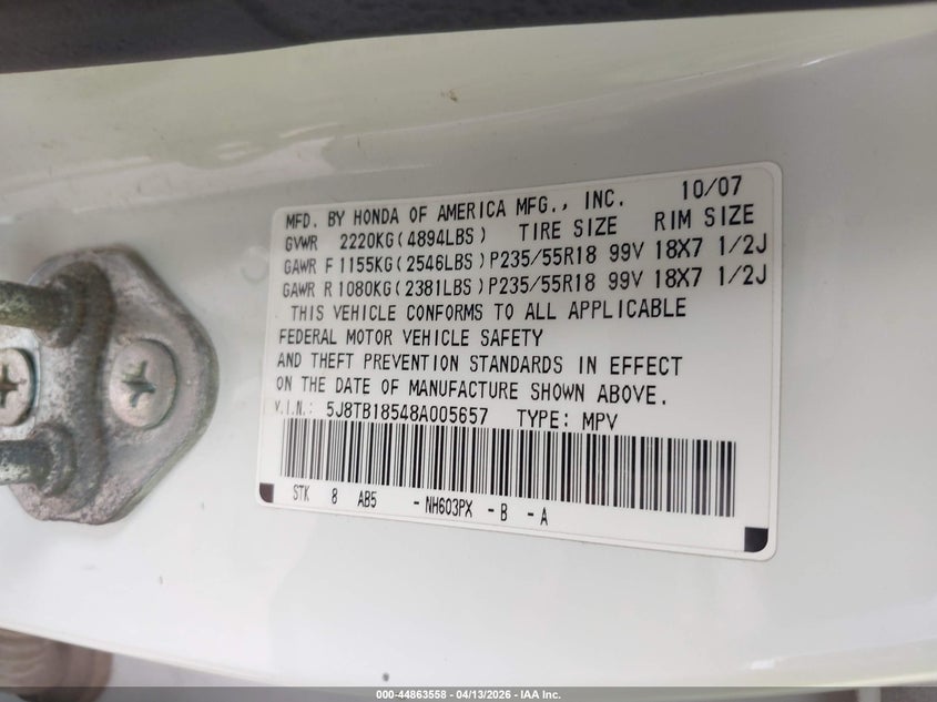 2008 Acura Rdx VIN: 5J8TB18548A005657 Lot: 44863558