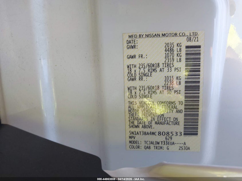 VIN 5N1AT3BA4MC808533 2021 NISSAN ROGUE SV FWD