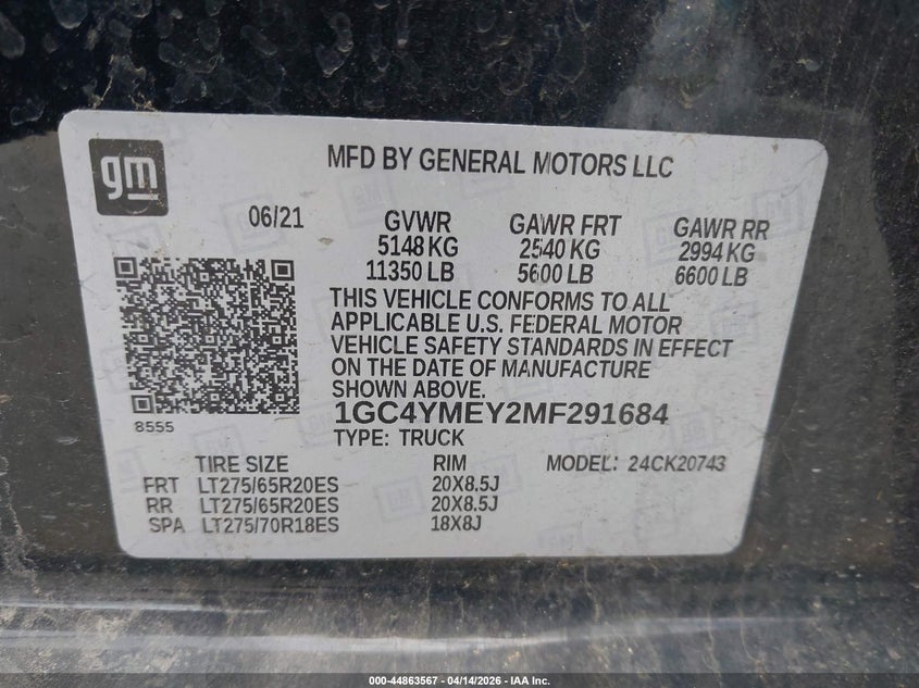 2021 Chevrolet Silverado 2500Hd 4Wd Standard Bed Custom VIN: 1GC4YMEY2MF291684 Lot: 44863567