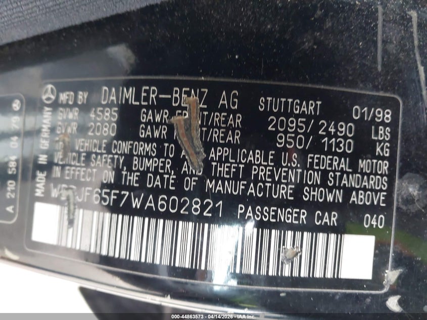 1998 Mercedes-Benz E 320 VIN: WDBJF65F7WA602821 Lot: 44863573