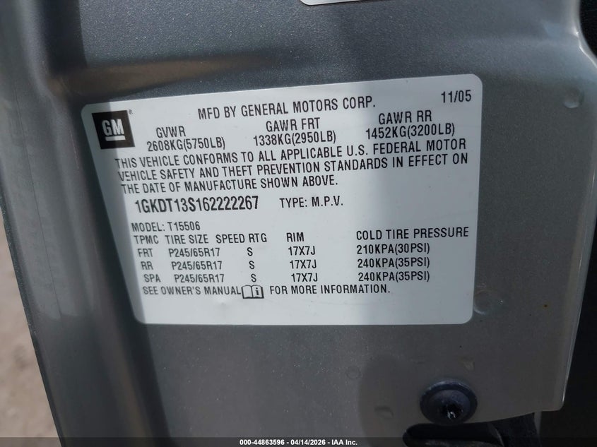 2006 GMC Envoy Sle VIN: 1GKDT13S162222267 Lot: 44863596