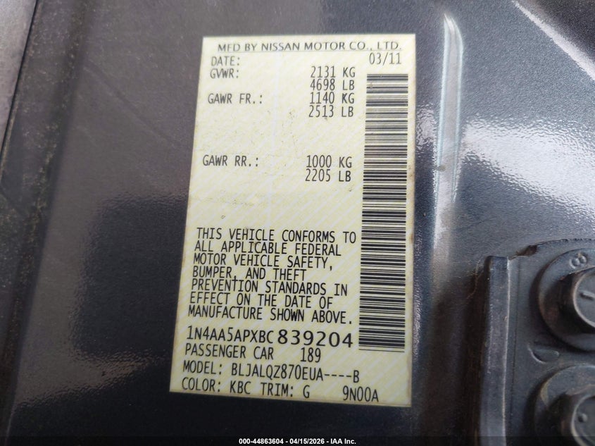 2011 Nissan Maxima 3.5 S VIN: 1N4AA5APXBC839204 Lot: 44863604