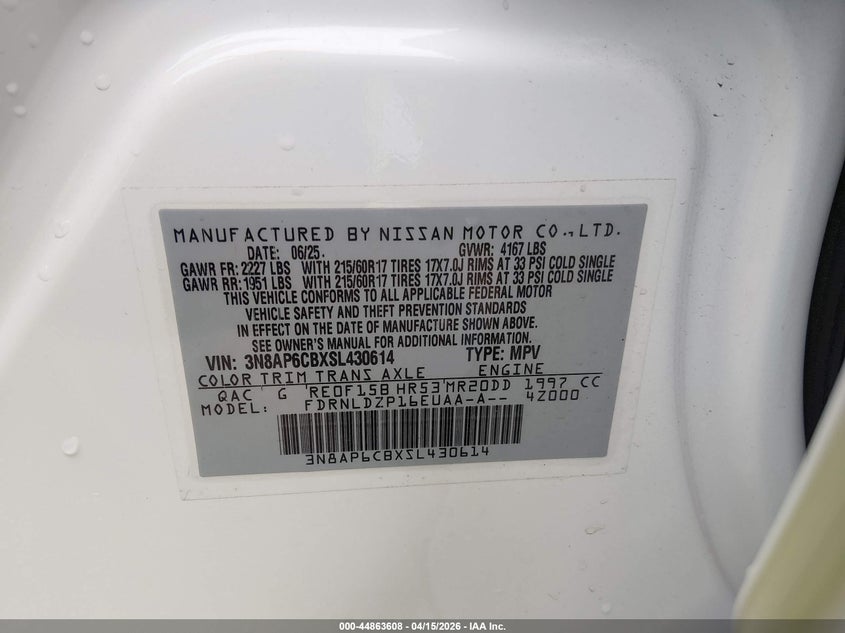 2025 Nissan Kicks Sv Intelligent Awd VIN: 3N8AP6CBXSL430614 Lot: 44863608