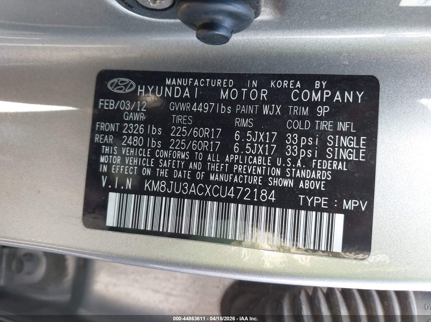 2012 Hyundai Tucson Gls VIN: KM8JU3ACXCU472184 Lot: 44863611