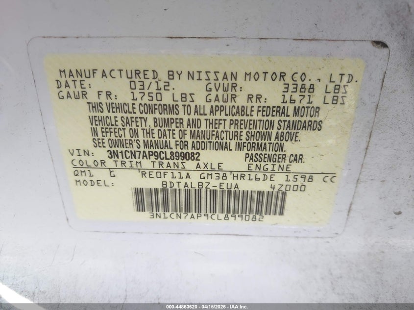 2012 Nissan Versa 1.6 Sv VIN: 3N1CN7AP9CL899082 Lot: 44863620