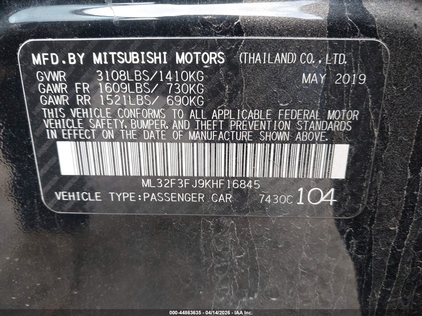 2019 Mitsubishi Mirage G4 Es VIN: ML32F3FJ9KHF16845 Lot: 44863635