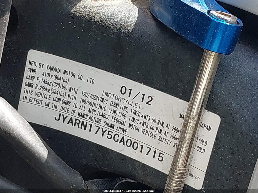 2012 Yamaha Fz1 Sc VIN: JYARN17Y5CA001715 Lot: 44863647