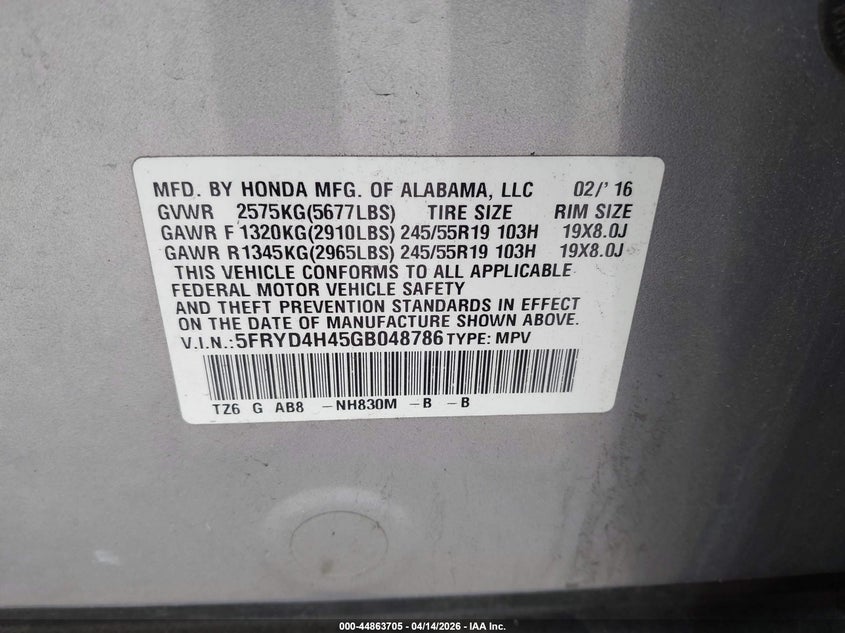 2016 Acura Mdx Technology Acurawatch Plus Packages/Technology Package VIN: 5FRYD4H45GB048786 Lot: 44863705