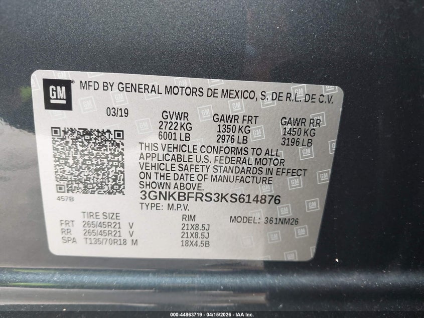 2019 Chevrolet Blazer Premier VIN: 3GNKBFRS3KS614876 Lot: 44863719