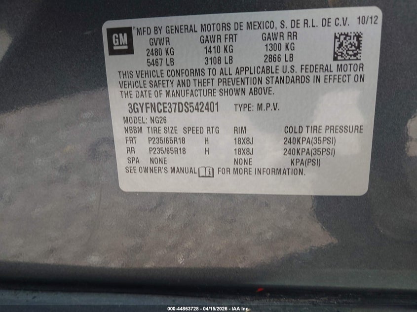 2013 Cadillac Srx Luxury Collection VIN: 3GYFNCE37DS542401 Lot: 44863728