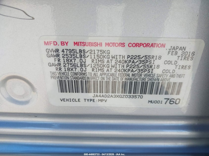 2016 Mitsubishi Outlander Es VIN: JA4AD2A3XGZ033570 Lot: 44863733