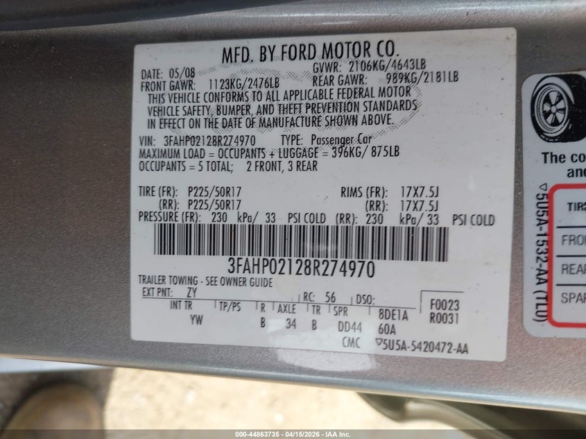 2008 Ford Fusion Sel VIN: 3FAHP02128R274970 Lot: 44863735