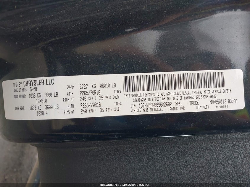2008 Dodge Dakota Laramie VIN: 1D7HW58N88S602682 Lot: 44863742