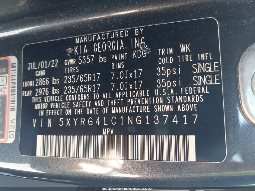 2022 Kia Sorento Lx VIN: 5XYRG4LC1NG137417 Lot: 44863748