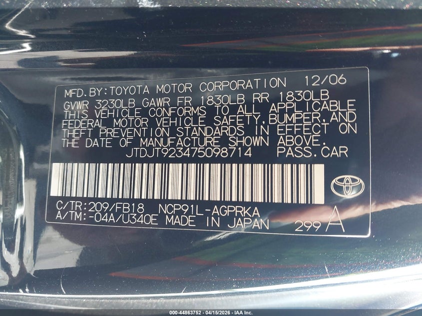 2007 Toyota Yaris VIN: JTDJT923475098714 Lot: 44863752