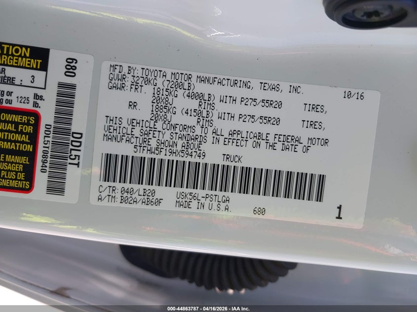 2017 Toyota Tundra Limited 5.7L V8 VIN: 5TFHW5F19HX594749 Lot: 44863787