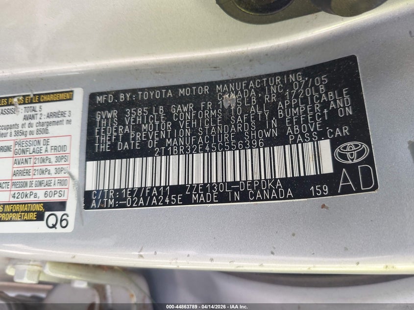 2005 Toyota Corolla Ce VIN: 2T1BR32E45C556396 Lot: 44863789