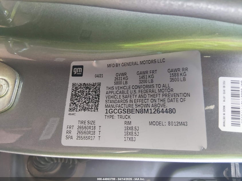 2021 Chevrolet Colorado 2Wd Short Box Wt VIN: 1GCGSBEN8M1264480 Lot: 44863799