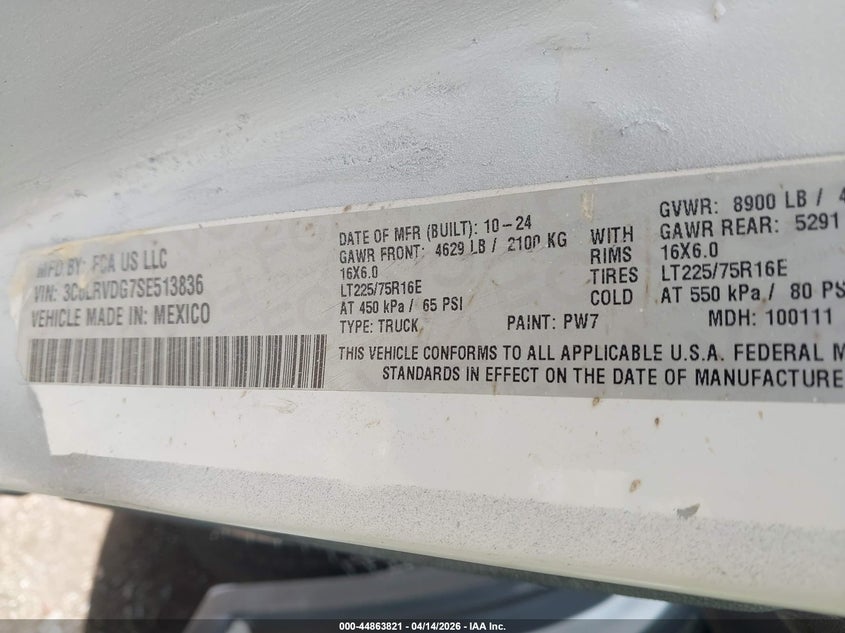 2025 Ram Promaster 2500 Tradesman High Roof 159 Wb W/Pass Seat VIN: 3C6LRVDG7SE513836 Lot: 44863821