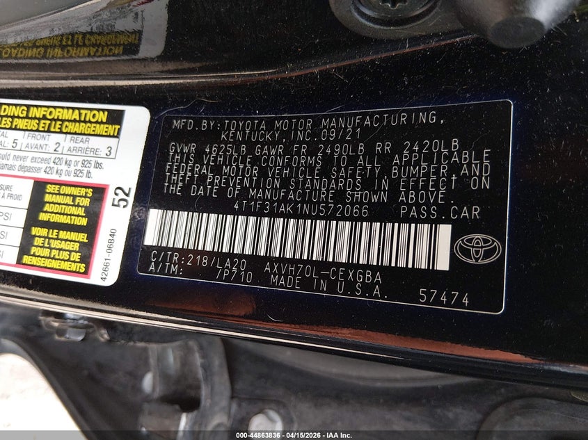 2022 Toyota Camry Xle Hybrid VIN: 4T1F31AK1NU572066 Lot: 44863836