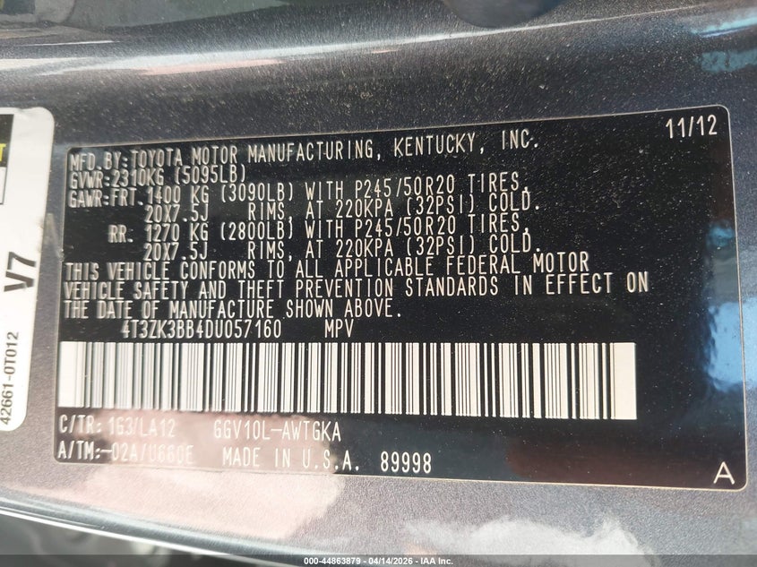 2013 Toyota Venza Xle V6 VIN: 4T3ZK3BB4DU057160 Lot: 44863879