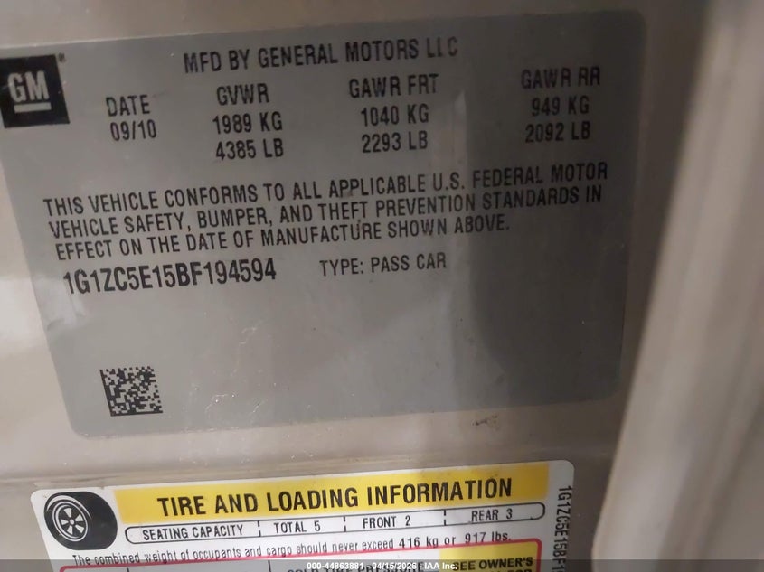 2011 Chevrolet Malibu 1Lt VIN: 1G1ZC5E15BF194594 Lot: 44863881