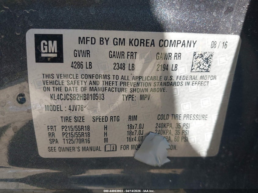 2017 Buick Encore Essence VIN: KL4CJCSB2HB010503 Lot: 44863903