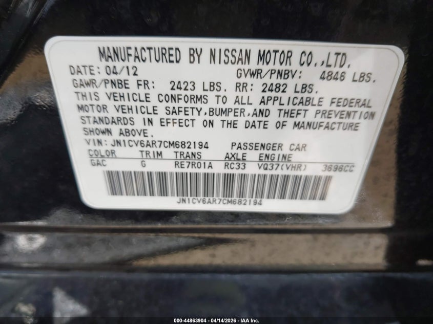 2012 Infiniti G37X VIN: JN1CV6AR7CM682194 Lot: 44863904