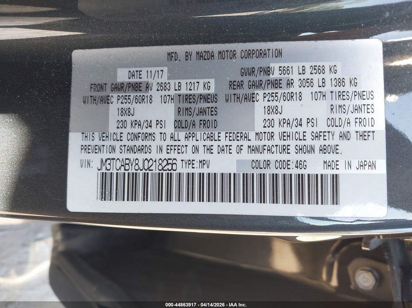 2018 Mazda Cx-9 Sport VIN: JM3TCABY8J0218256 Lot: 44863917