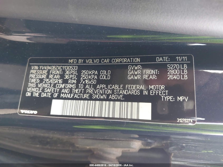 2012 Volvo Xc70 3.2 Premier VIN: YV4940BZXC1130533 Lot: 44863916