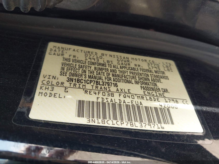 2011 Nissan Versa 1.8S VIN: 3N1BC1CP7BL379716 Lot: 44863935