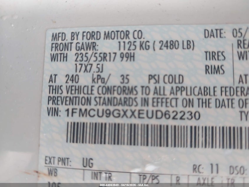 2014 Ford Escape 1.6 Se white Lot 111044863949 Vin 1FMCU9GXXEUD62230