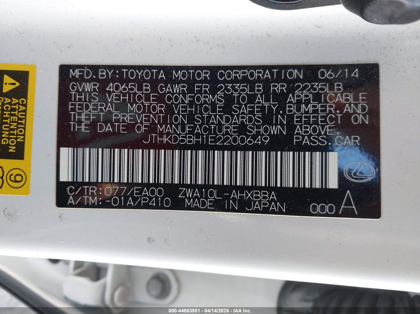 2014 Lexus Ct 200H VIN: JTHKD5BH1E2200649 Lot: 44863951