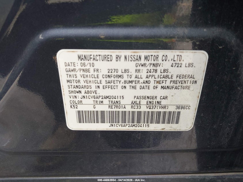 2010 Infiniti G37 Journey VIN: JN1CV6AP2AM204115 Lot: 44863954