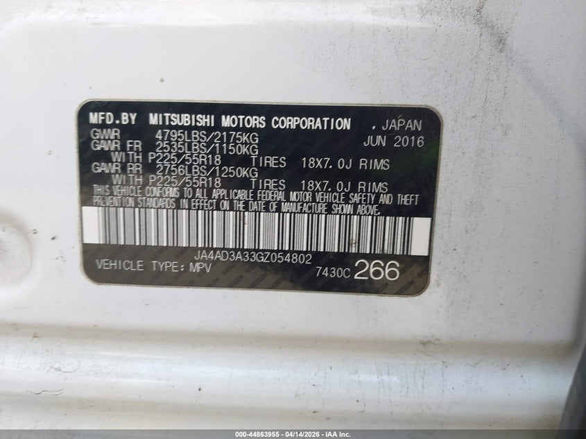 2016 Mitsubishi Outlander Sel VIN: JA4AD3A33GZ054802 Lot: 44863955